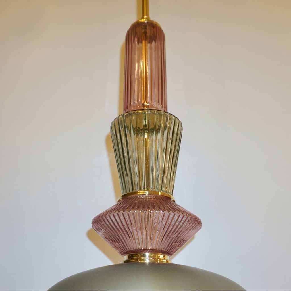 Bespoke Italian Organic Amethyst Gray Green Murano Glass Brass Pendant Light