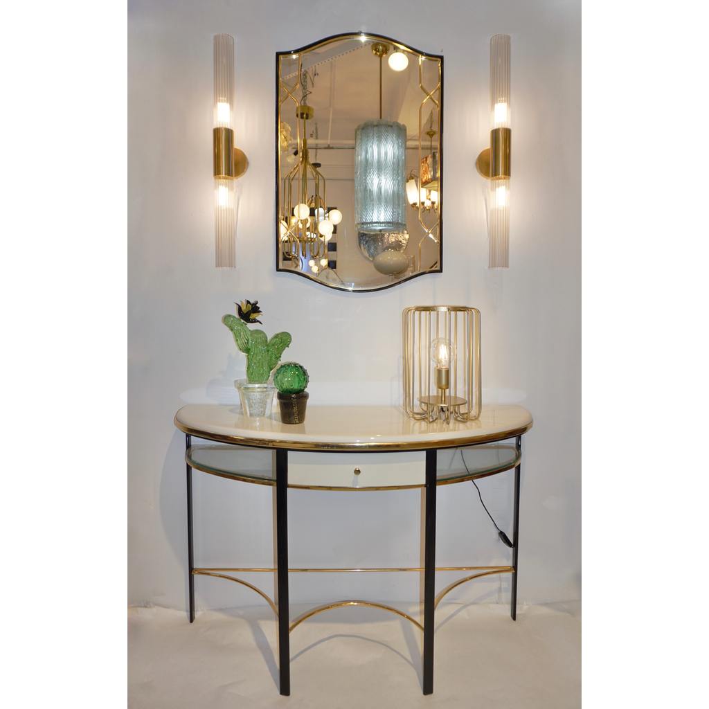 1970s Vintage Italian One-Drawer Black & Cream Lacquered Brass Demi Lune Console