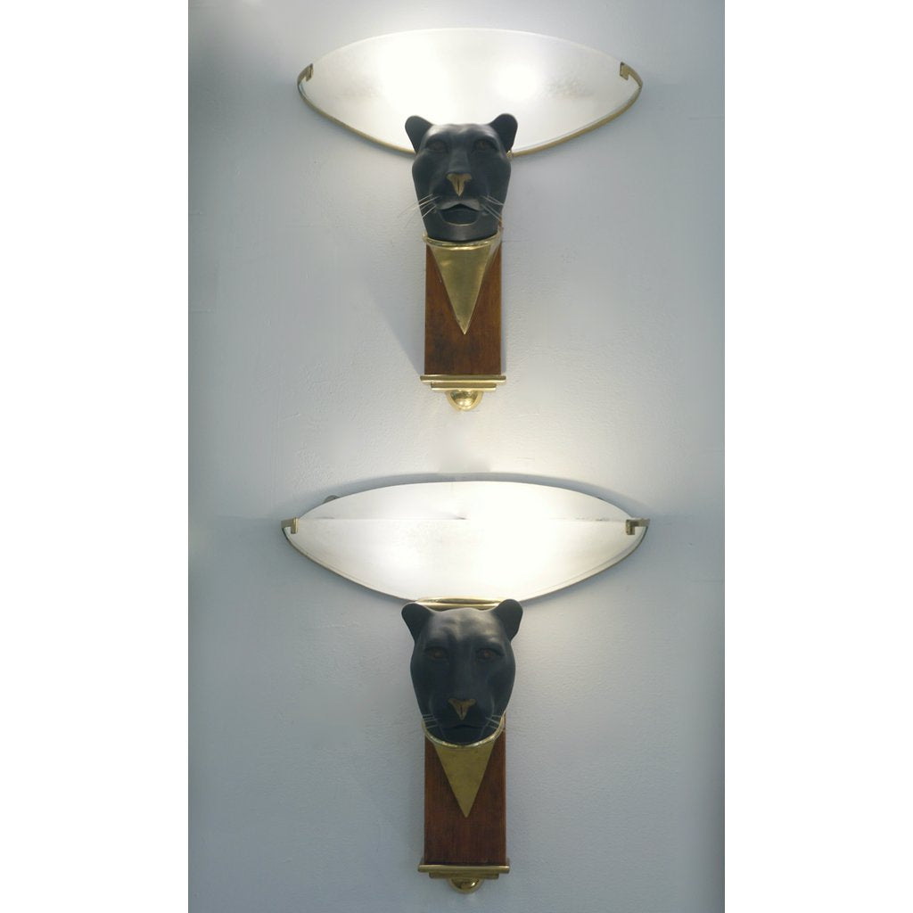 1950s Italian Art Deco Pair of Black Panther Bronze Frosted Glass Wall Lights