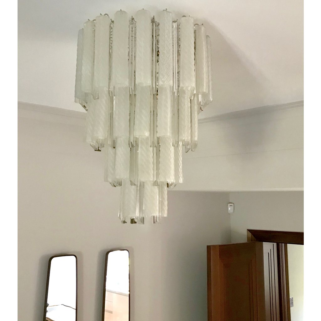 Venini 1960s Cylinder Crystal and White Murano Glass Round Chandelier on Nickel