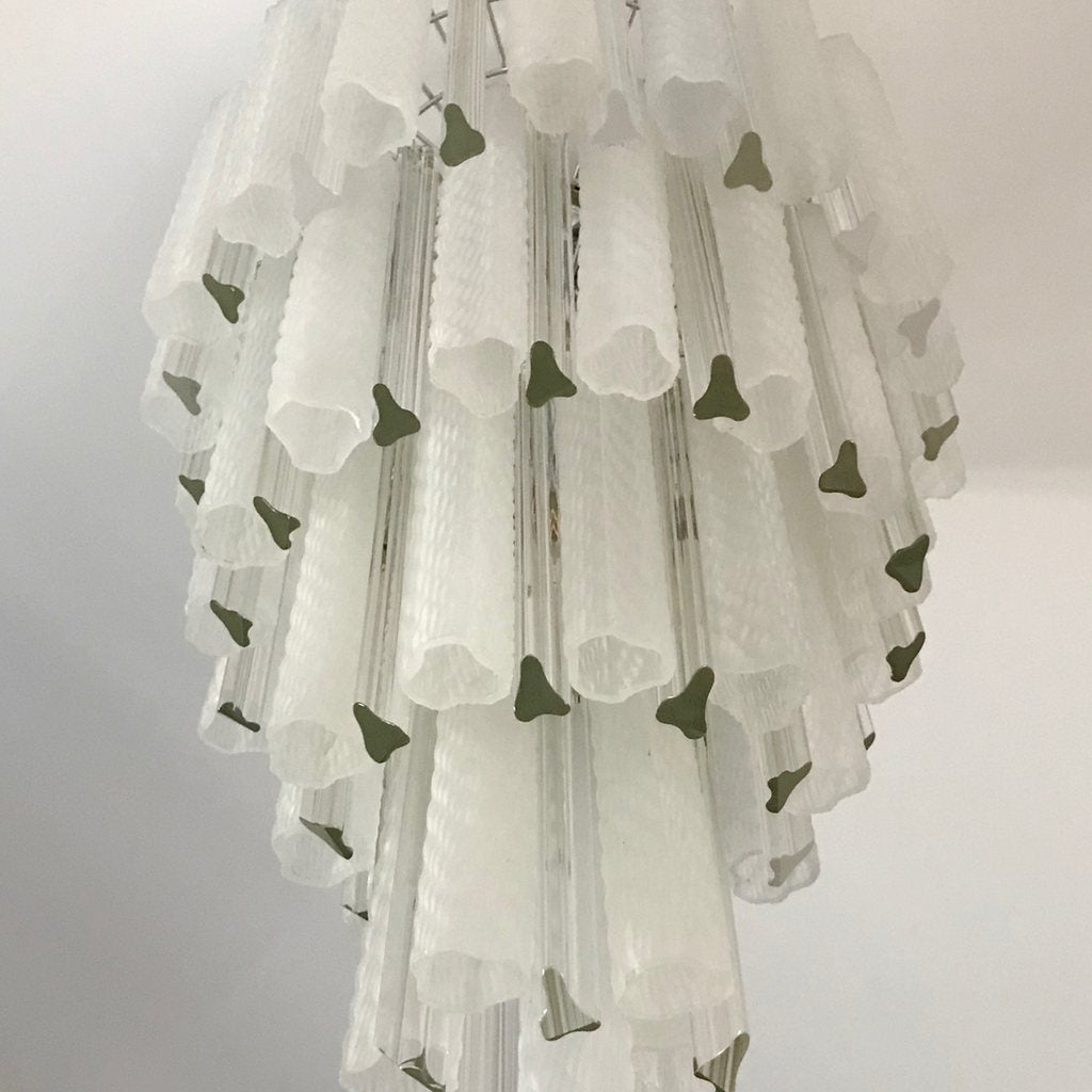 Venini 1960s Cylinder Crystal and White Murano Glass Round Chandelier on Nickel