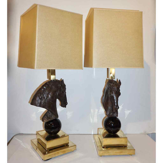 Italian Design 1990s Horse Bronze Sculpture Black Glass Pair of Brass Lamps