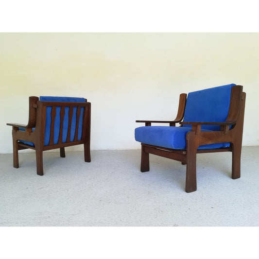 1960s Italian Pair Vintage Cobalt Blue Velvet Veneer Rosewood Modern Armchairs