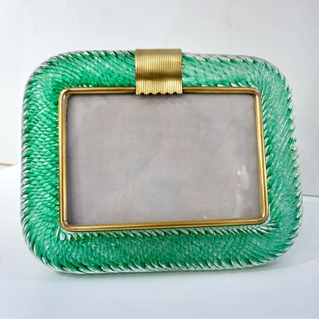 Venini 1980s Italian Vintage Emerald Green Murano Glass and Brass Photo Frame