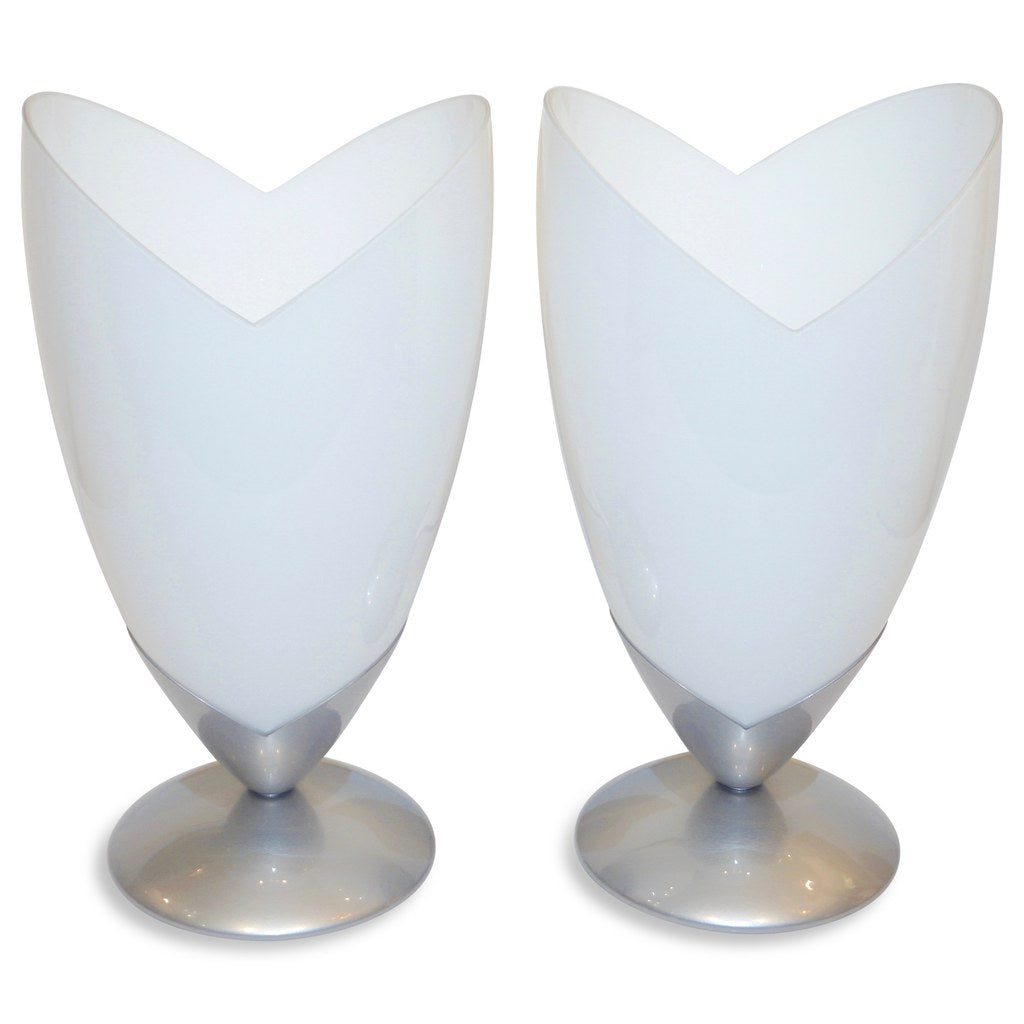 1970s Italian Pair of Satin Nickel & White Glass Tulip Table Lamps by Tronconi