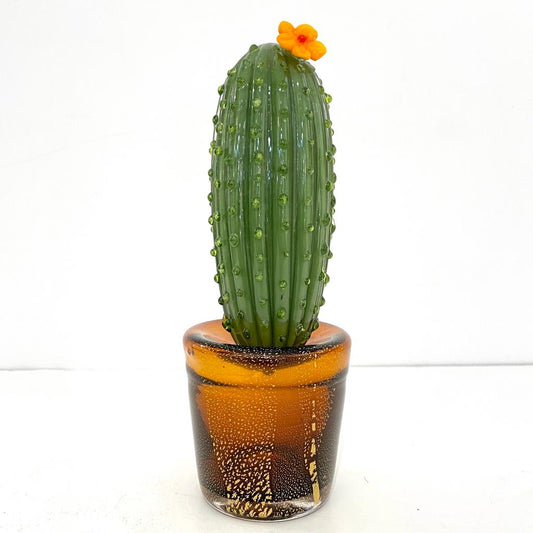1990s Vintage Italian Green Murano Glass Tall Cactus Plant with Orange Flower