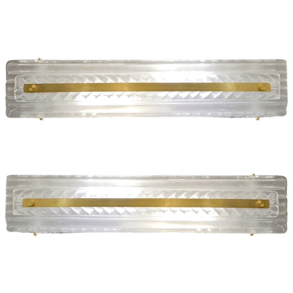 Italian Modern Pair Tall White Crystal Clear Leaf Textured Murano Brass Sconces