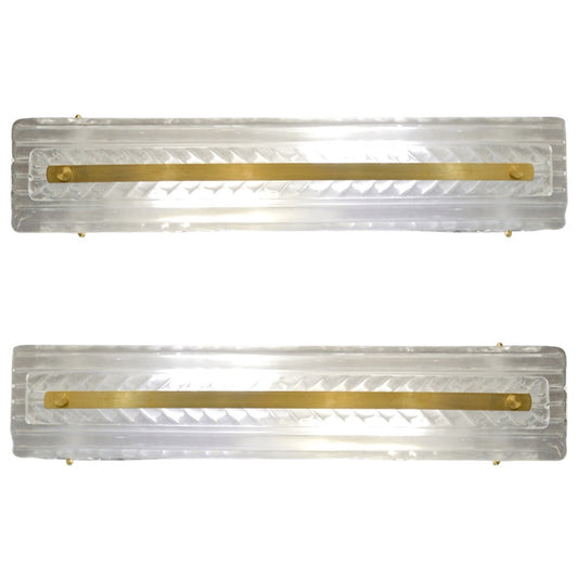 Italian Modern Pair Tall White Crystal Clear Leaf Textured Murano Brass Sconces