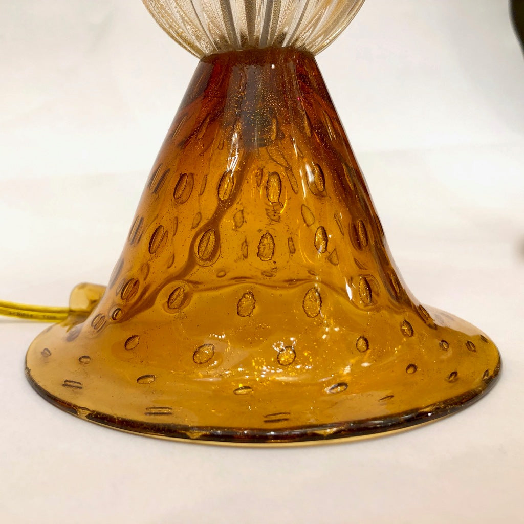 Linea Padovan 1970s Vintage Pair of Amber Gold and Crystal Murano Glass Lamps