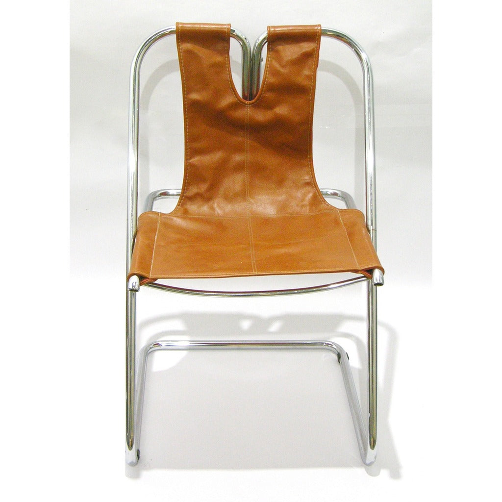 1960s Italian Set of Four Hand-Stitched Leather and Chrome Chairs