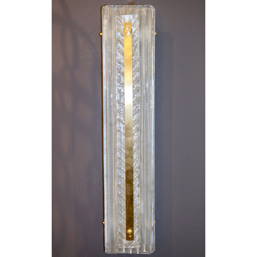 Italian Modern Pair Tall White Crystal Clear Leaf Textured Murano Brass Sconces