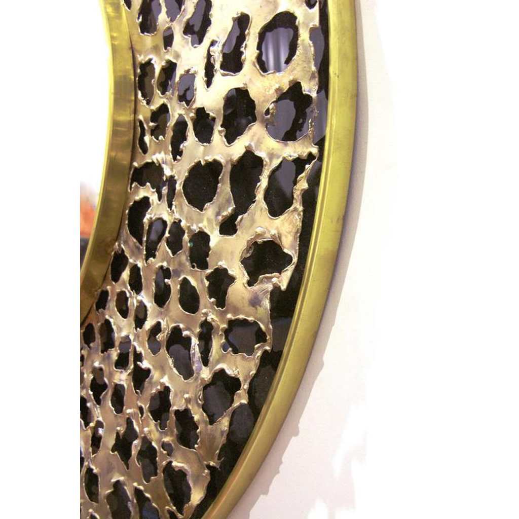 Contemporary Italian Brutalist Leopard Brass and Black Glass Modern Round Mirror - Cosulich Interiors & Antiques