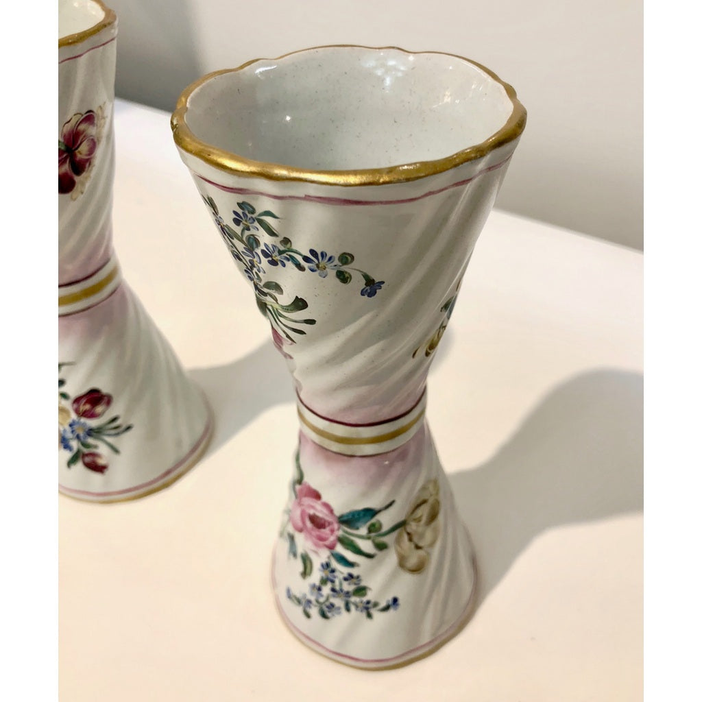 1870s St. Clement French Faience Majolica Pair of White Pink Flower Vases