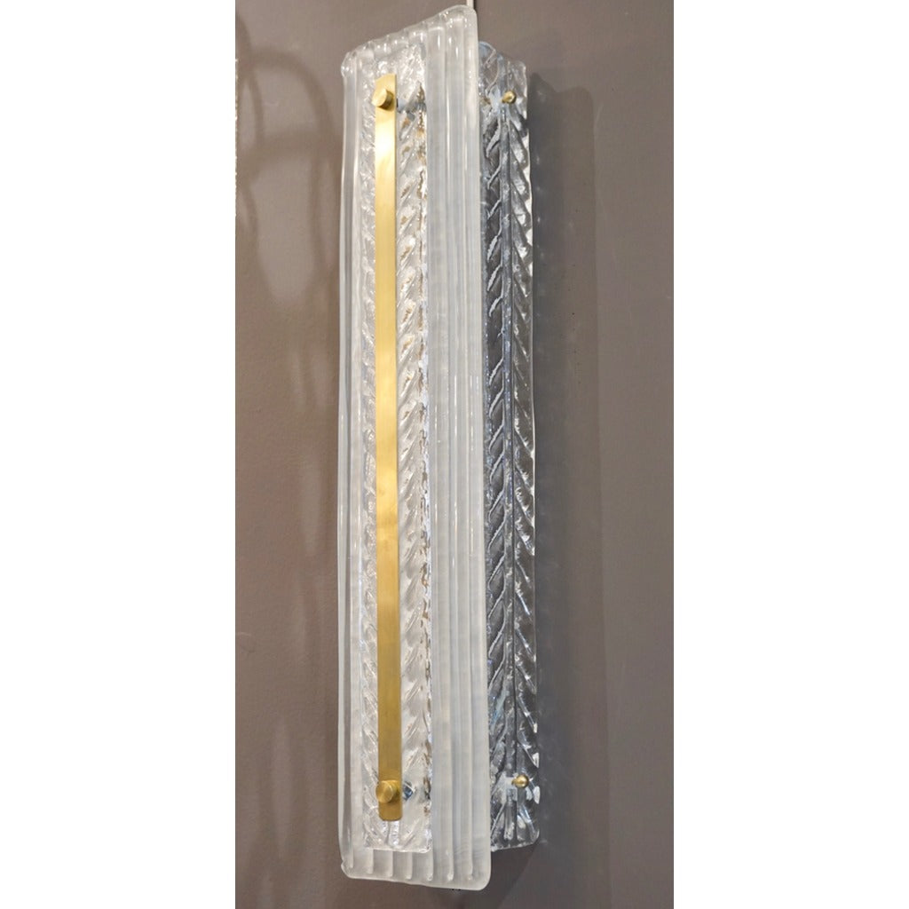 Italian Modern Pair Tall White Crystal Clear Leaf Textured Murano Brass Sconces