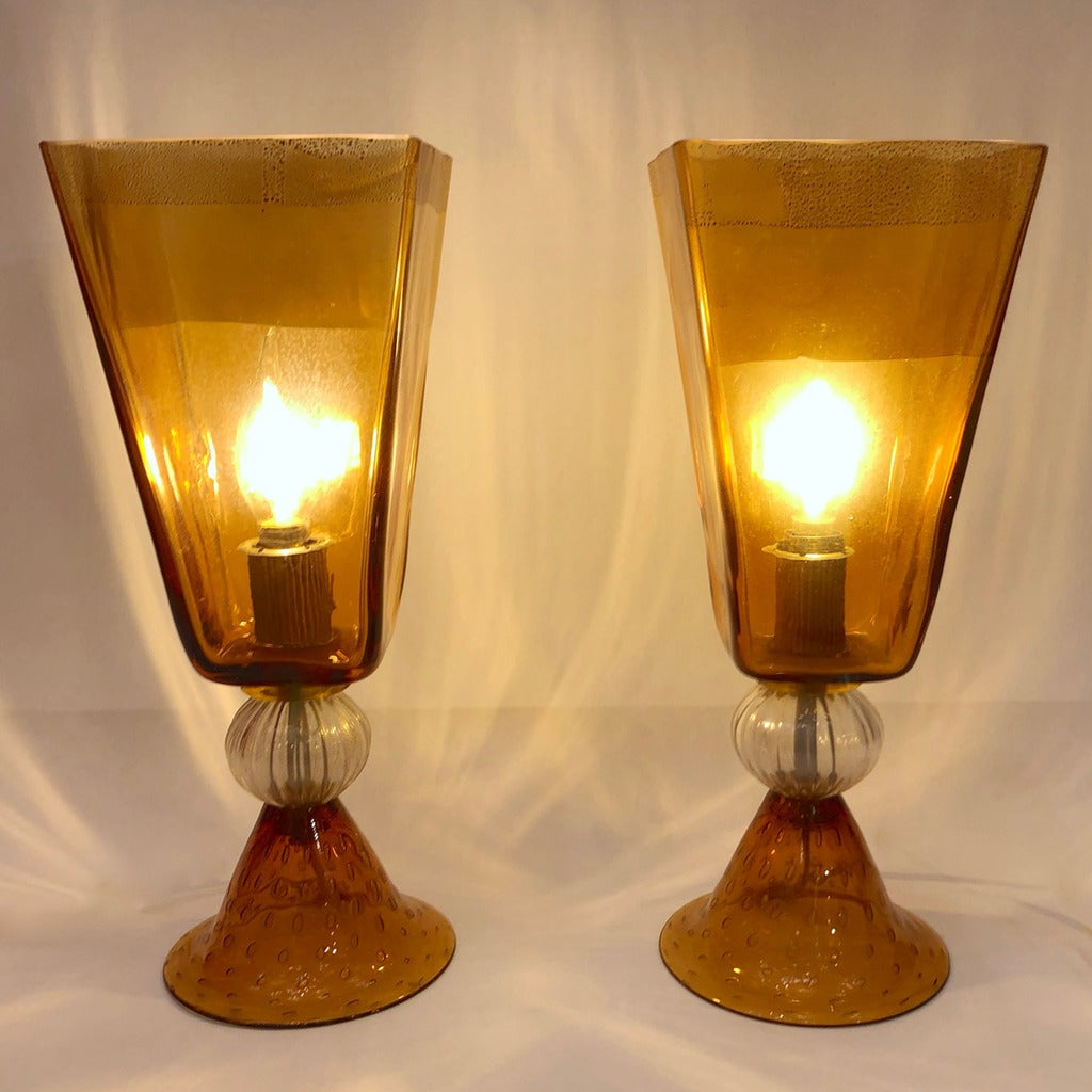 Linea Padovan 1970s Vintage Pair of Amber Gold and Crystal Murano Glass Lamps
