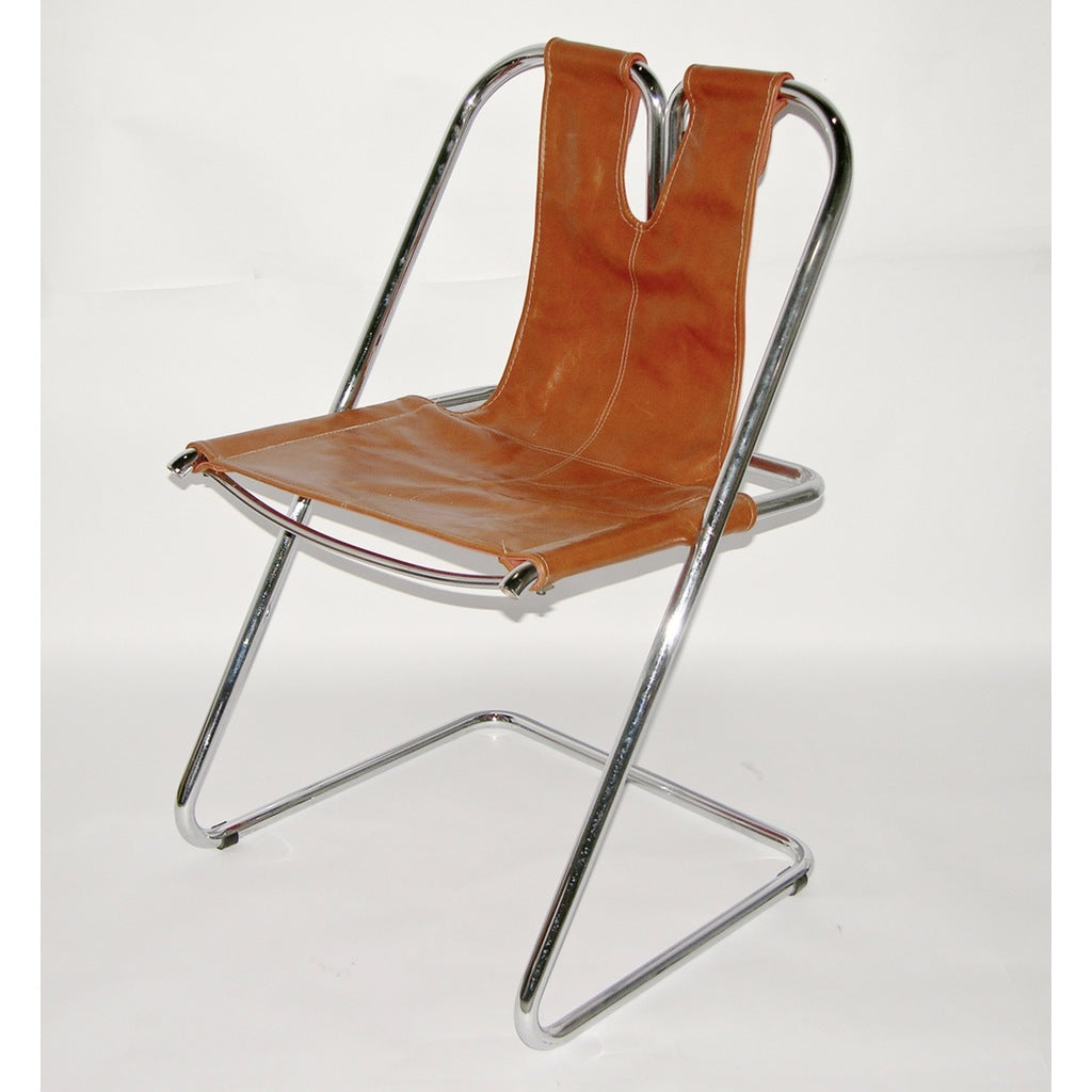 1960s Italian Set of Four Hand-Stitched Leather and Chrome Chairs
