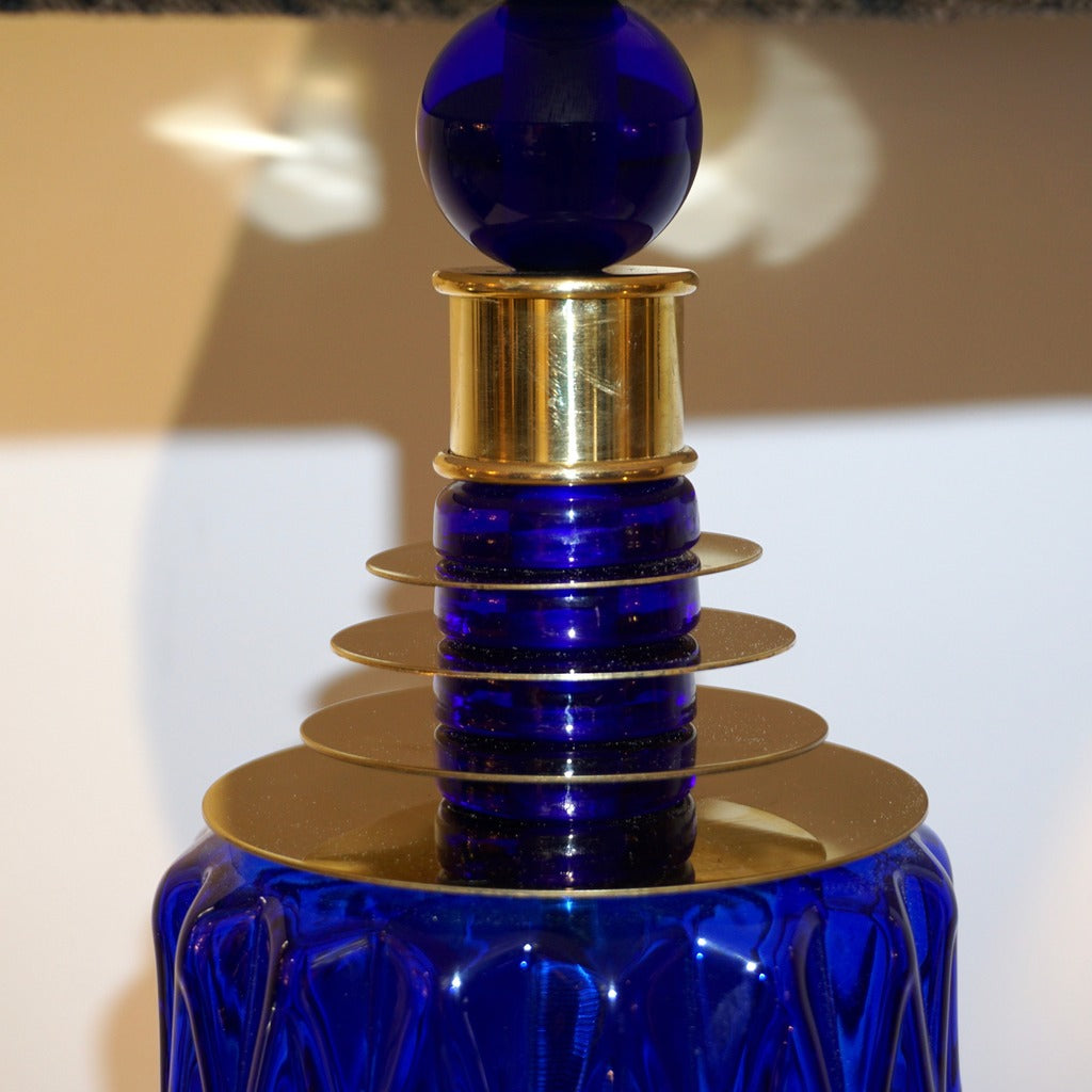 Contemporary Italian Pair of Brass and Cobalt Blue Murano Glass Table Lamps