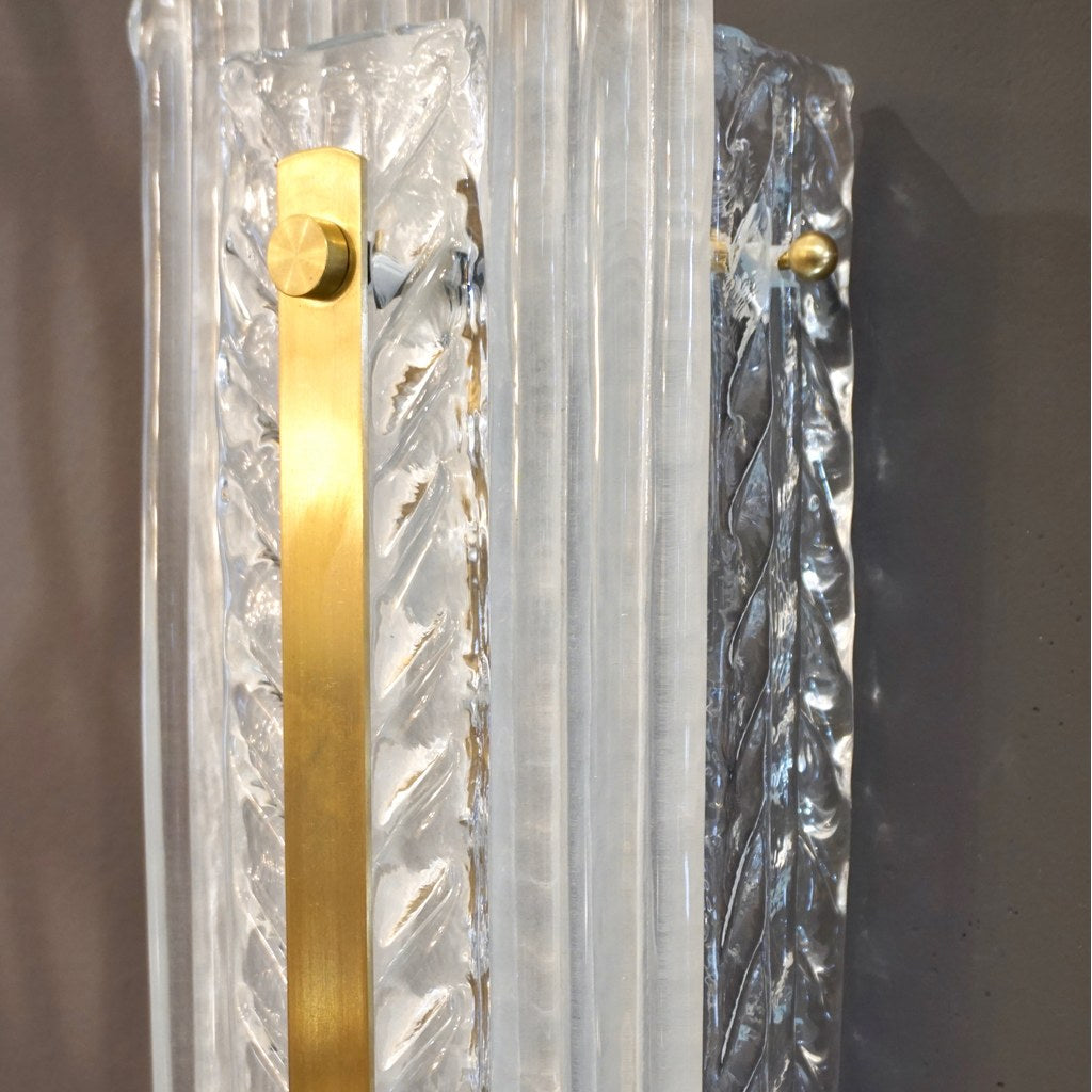 Italian Modern Pair Tall White Crystal Clear Leaf Textured Murano Brass Sconces
