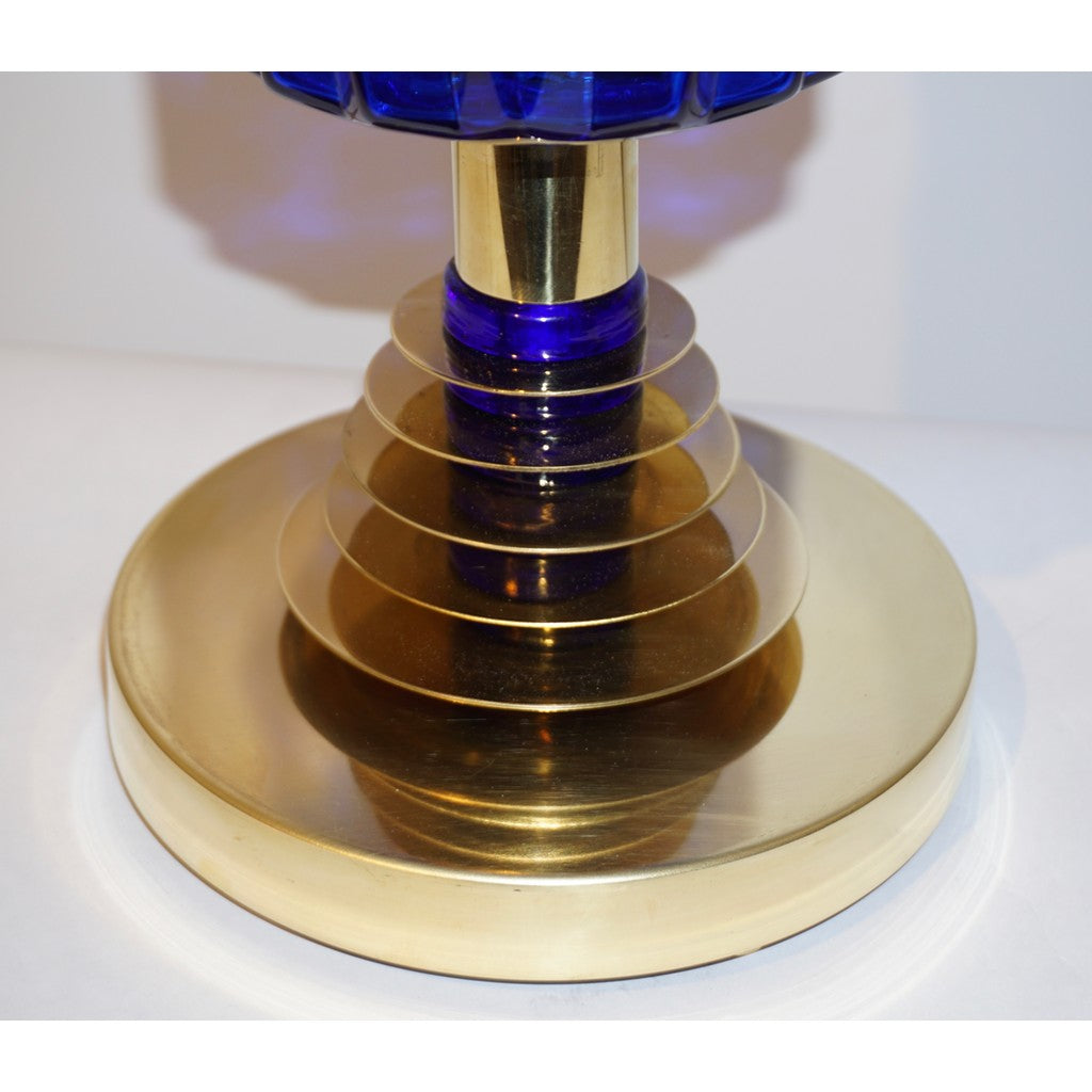 Contemporary Italian Pair of Brass and Cobalt Blue Murano Glass Table Lamps
