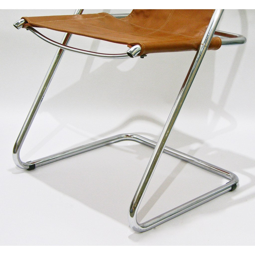 1960s Italian Set of Four Hand-Stitched Leather and Chrome Chairs