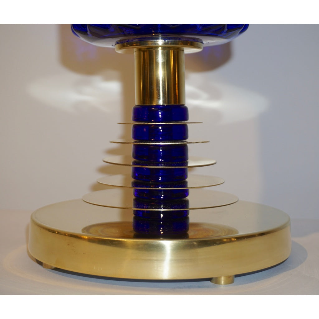 Contemporary Italian Pair of Brass and Cobalt Blue Murano Glass Table Lamps