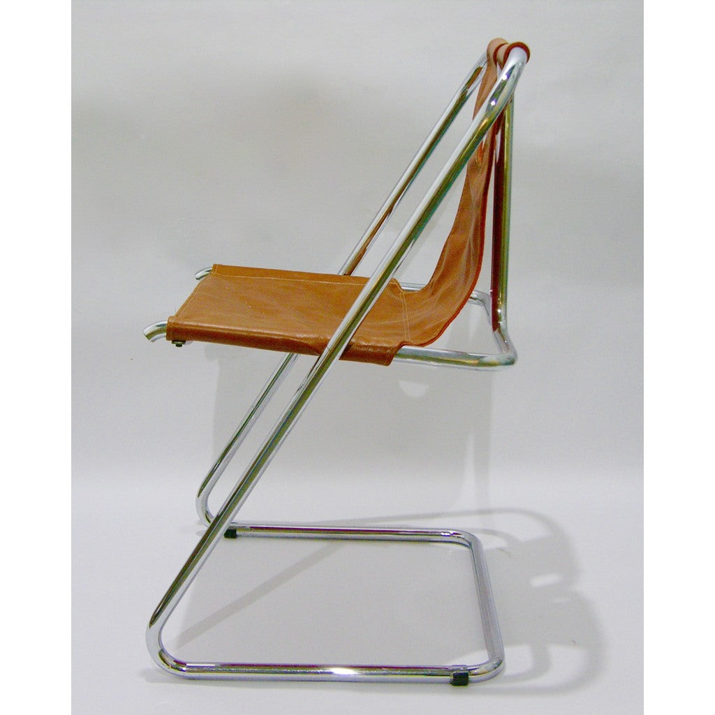 1960s Italian Set of Four Hand-Stitched Leather and Chrome Chairs