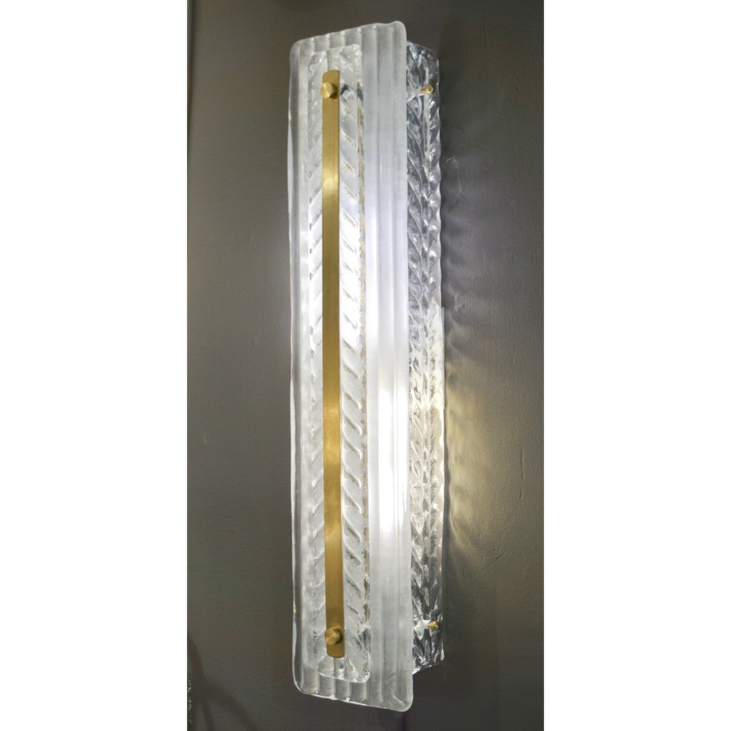 Italian Modern Pair Tall White Crystal Clear Leaf Textured Murano Brass Sconces