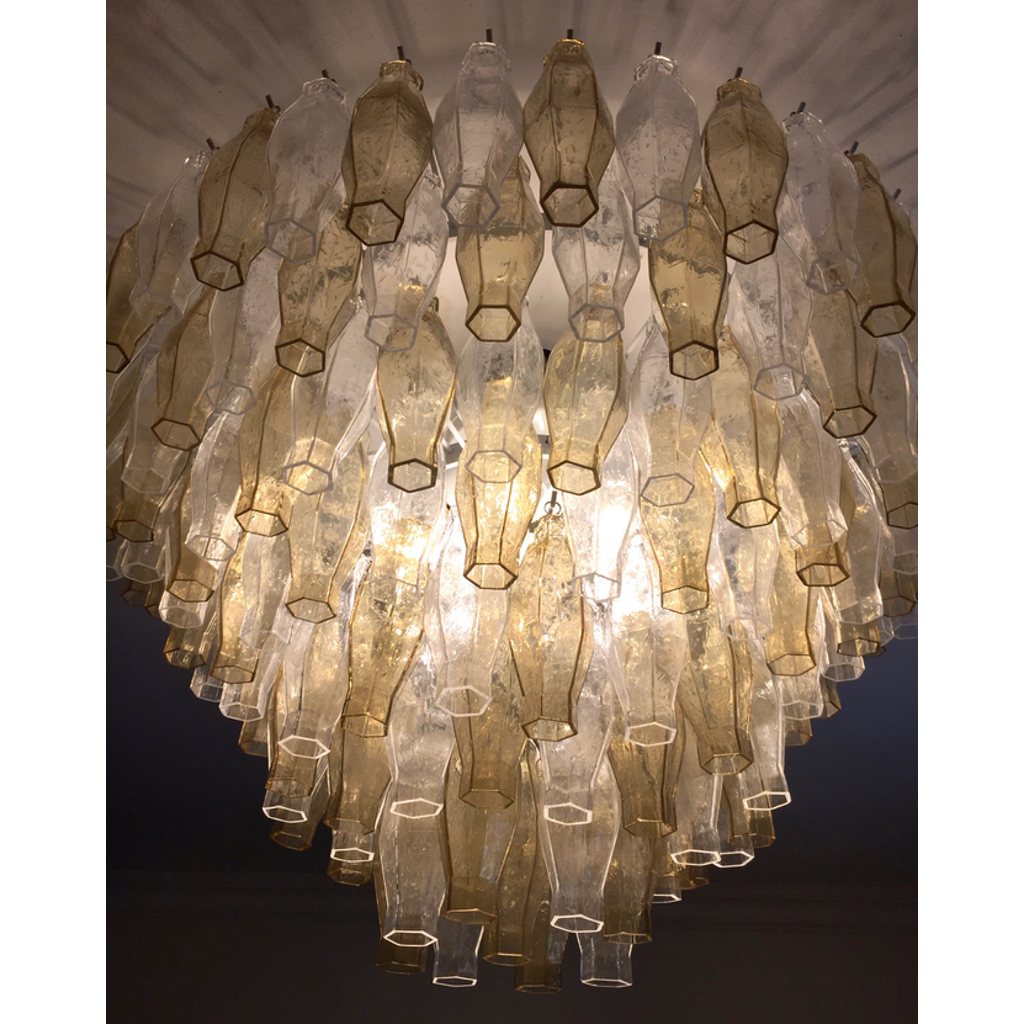 Contemporary Italian Poliedri Amber and Crystal Clear Murano Glass Chandelier
