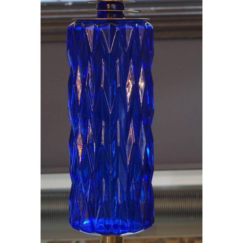 Contemporary Italian Pair of Brass and Cobalt Blue Murano Glass Table Lamps
