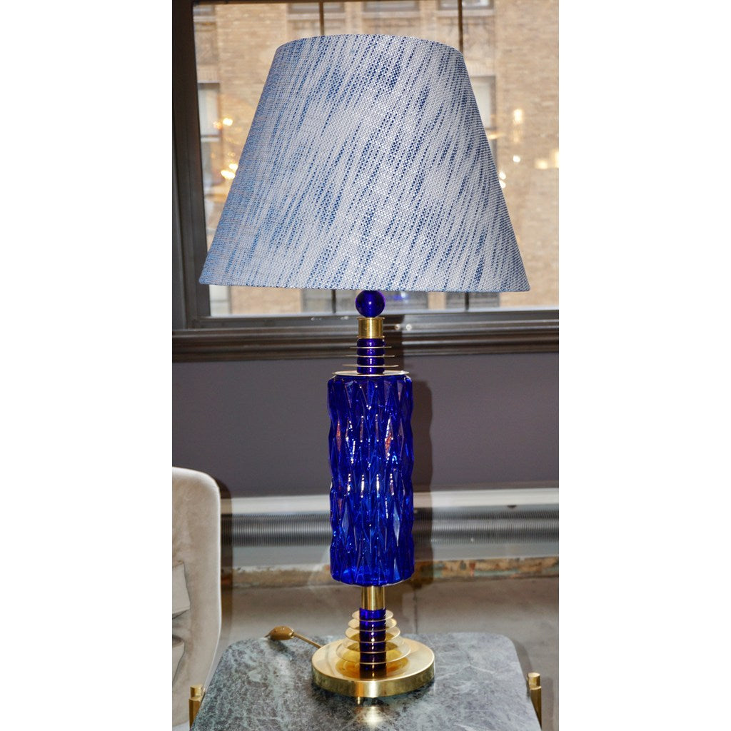 Contemporary Italian Pair of Brass and Cobalt Blue Murano Glass Table Lamps