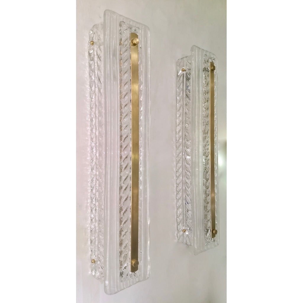 Italian Modern Pair Tall White Crystal Clear Leaf Textured Murano Brass Sconces