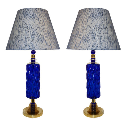 Contemporary Italian Pair of Brass and Cobalt Blue Murano Glass Table Lamps