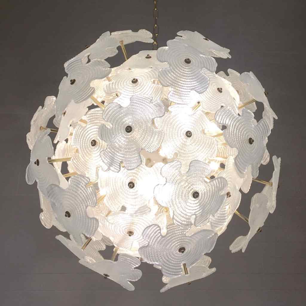 Contemporary Italian Brass & Satin White Murano Glass Flower Sputnik Chandelier
