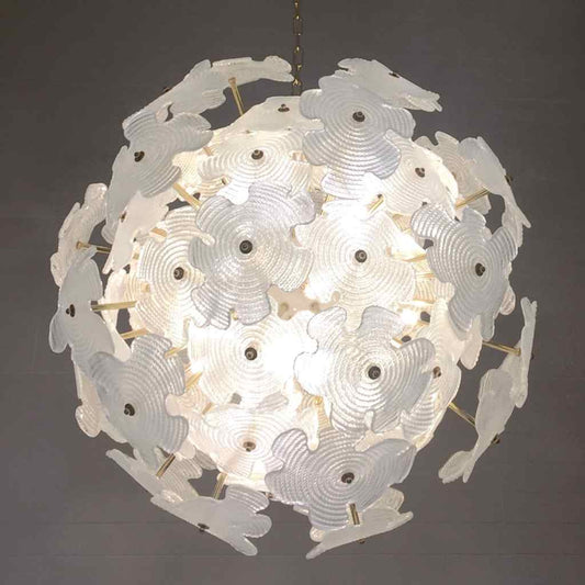 Contemporary Italian Brass & Satin White Murano Glass Flower Sputnik Chandelier