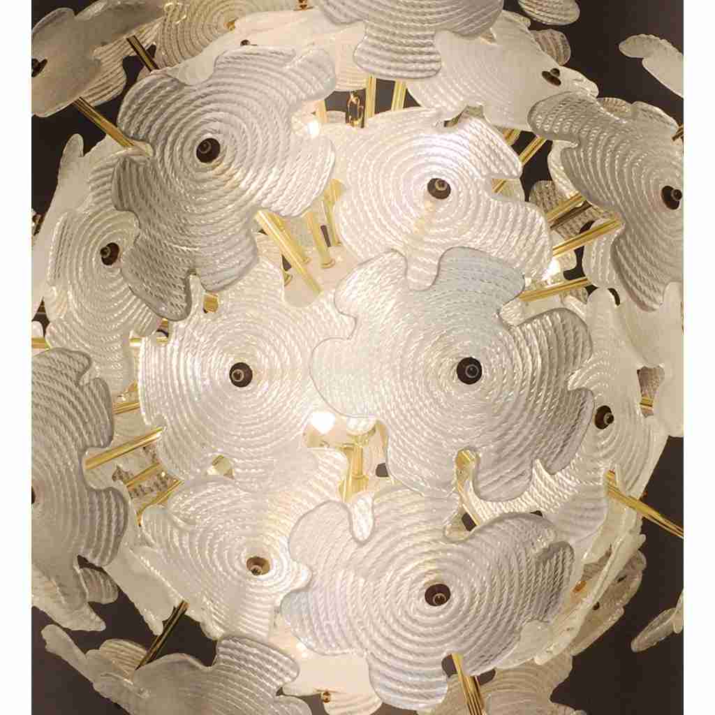 Contemporary Italian Brass & Satin White Murano Glass Flower Sputnik Chandelier