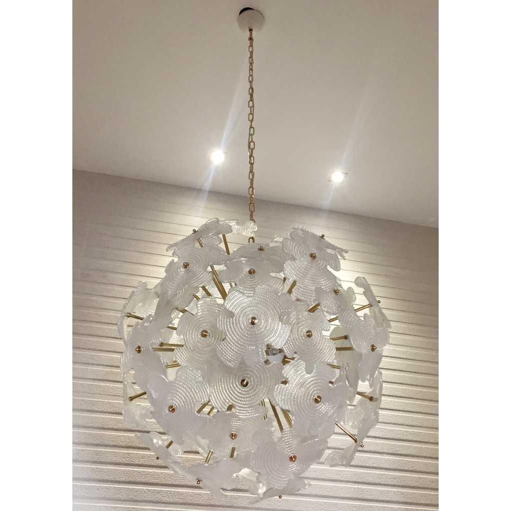 Contemporary Italian Brass & Satin White Murano Glass Flower Sputnik Chandelier