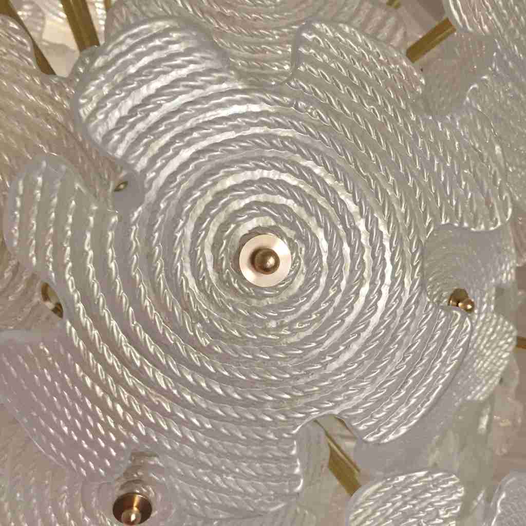 Contemporary Italian Brass & Satin White Murano Glass Flower Sputnik Chandelier