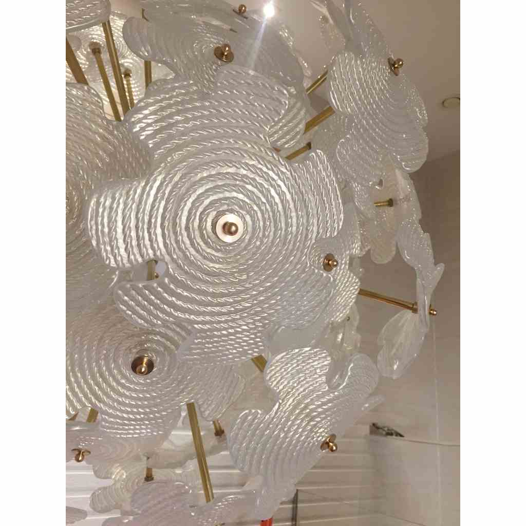 Contemporary Italian Brass & Satin White Murano Glass Flower Sputnik Chandelier