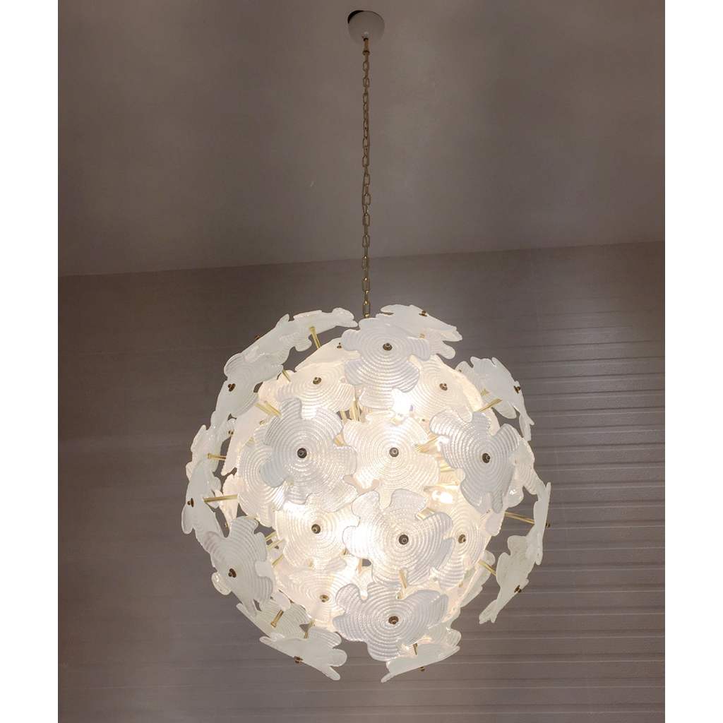 Contemporary Italian Brass & Satin White Murano Glass Flower Sputnik Chandelier