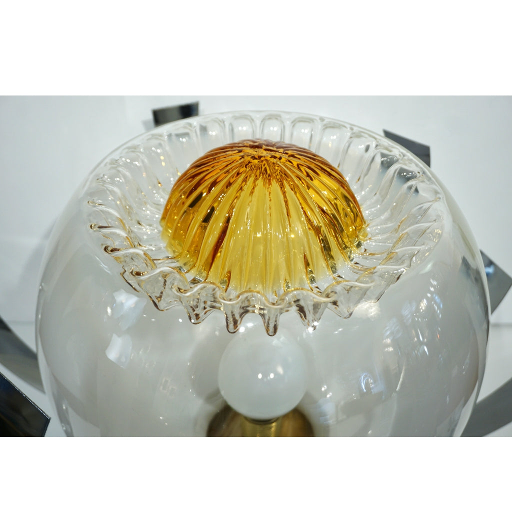 Mazzega 1960s Nickel White & Amber Murano Art Glass Flower Desk / Table Lamp