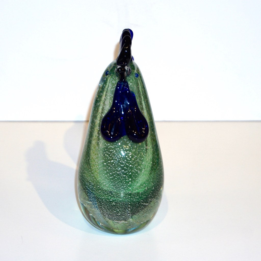 1980s Italian Vintage Silver Navy Blue Green Murano Art Glass Hen Bird Sculpture