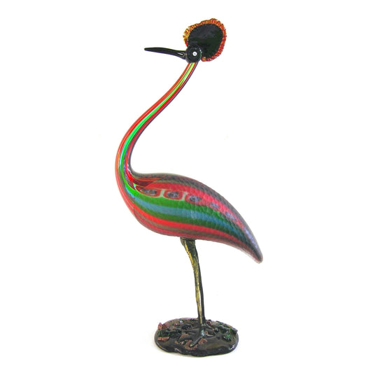 Vintage Italian Tall Red Blue Green Glass Crested Bird Sculpture