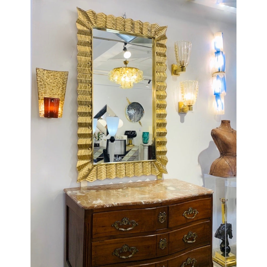 Bespoke Italian Art Deco Design Ruffled Gold Murano Glass Brass Mirror