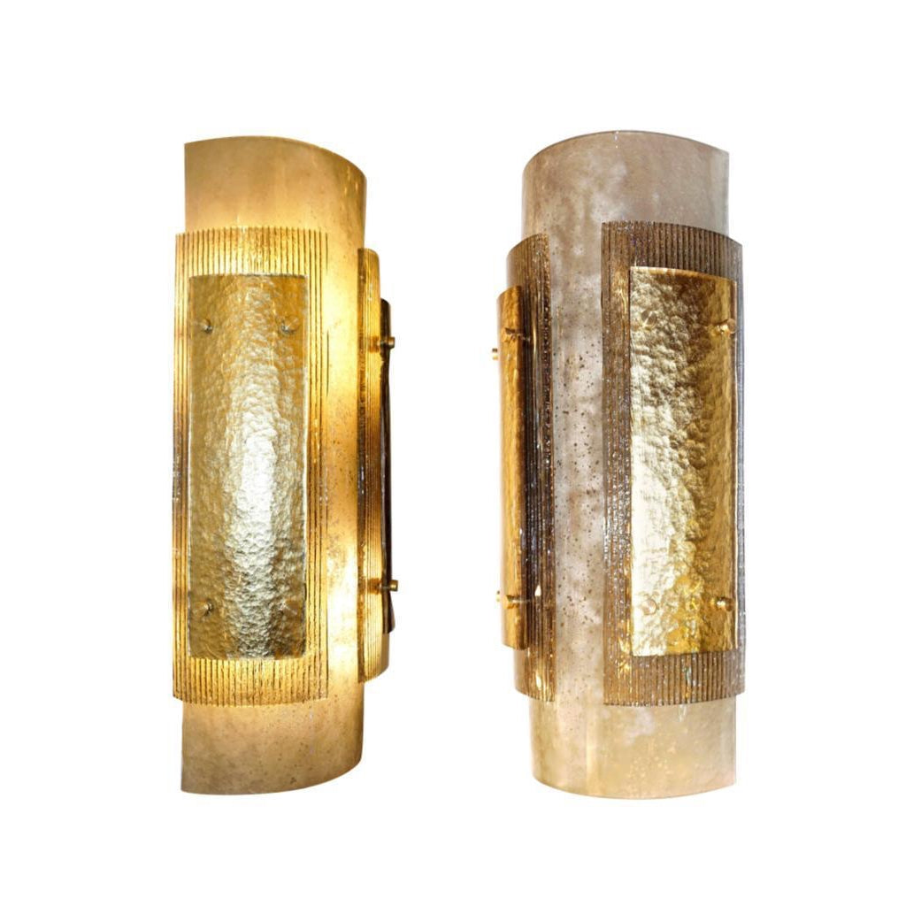 Italian Pair of Modern Gold Smoked Gray and Frosted Ivory Murano Glass Sconces