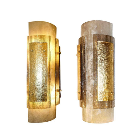 Italian Pair of Modern Gold Smoked Gray and Frosted Ivory Murano Glass Sconces