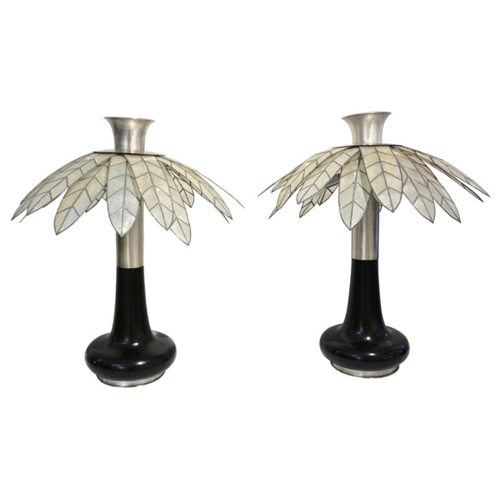 1975 Banci Italian Art Deco Pair of Mother of Pearl & Black Ebonized Palm Lamps