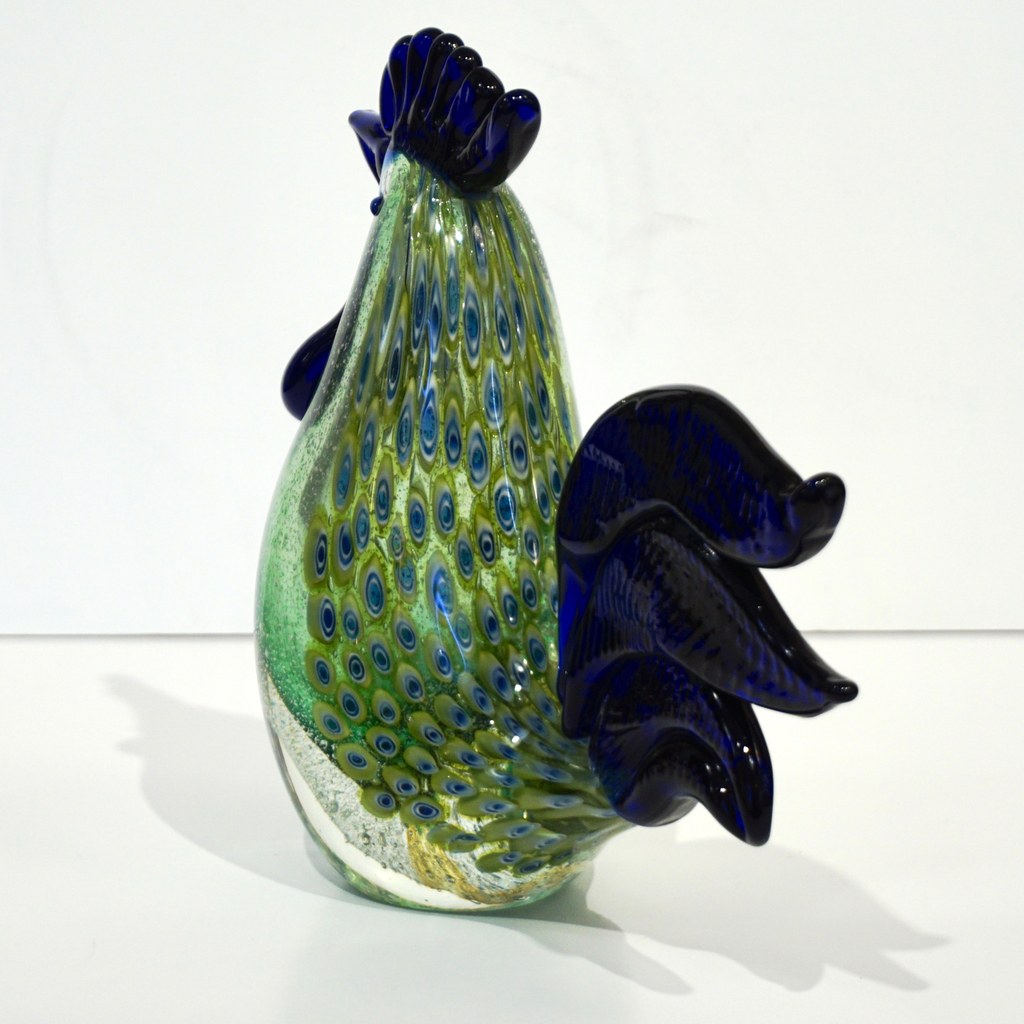 1980s Italian Vintage Silver Navy Blue Green Murano Art Glass Hen Bird Sculpture
