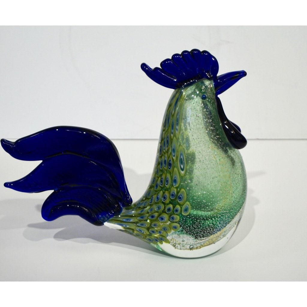 1980s Italian Vintage Silver Navy Blue Green Murano Art Glass Hen Bird Sculpture