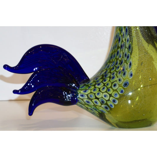 Seguso 1980 Italian Silver Navy Blue Apple Green Murano Glass Hen Bird Sculpture