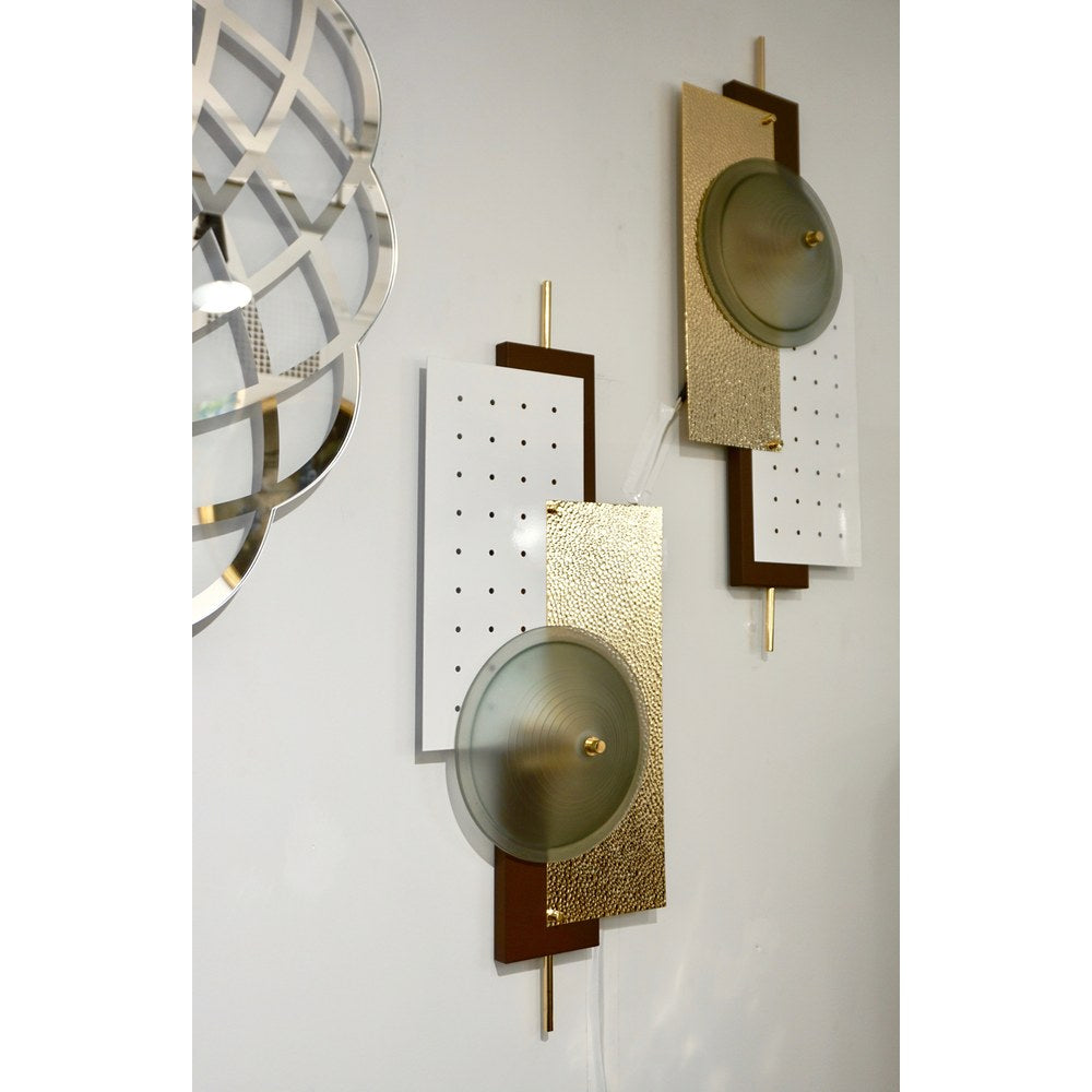 Italian Modernist Gold White & Brown Geometric Textured Metal & Glass Sconces